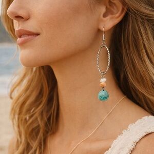 Boho Turquoise Drop Earrings | Artisan Silver Tone Dangle Indie Festival Jewelry